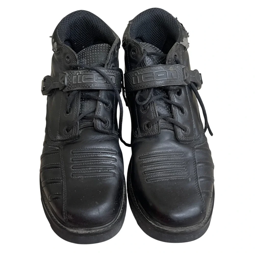Icon Superduty Mens Black Leather Motorcycle Riding Boots size 12 Biker FLAWS!